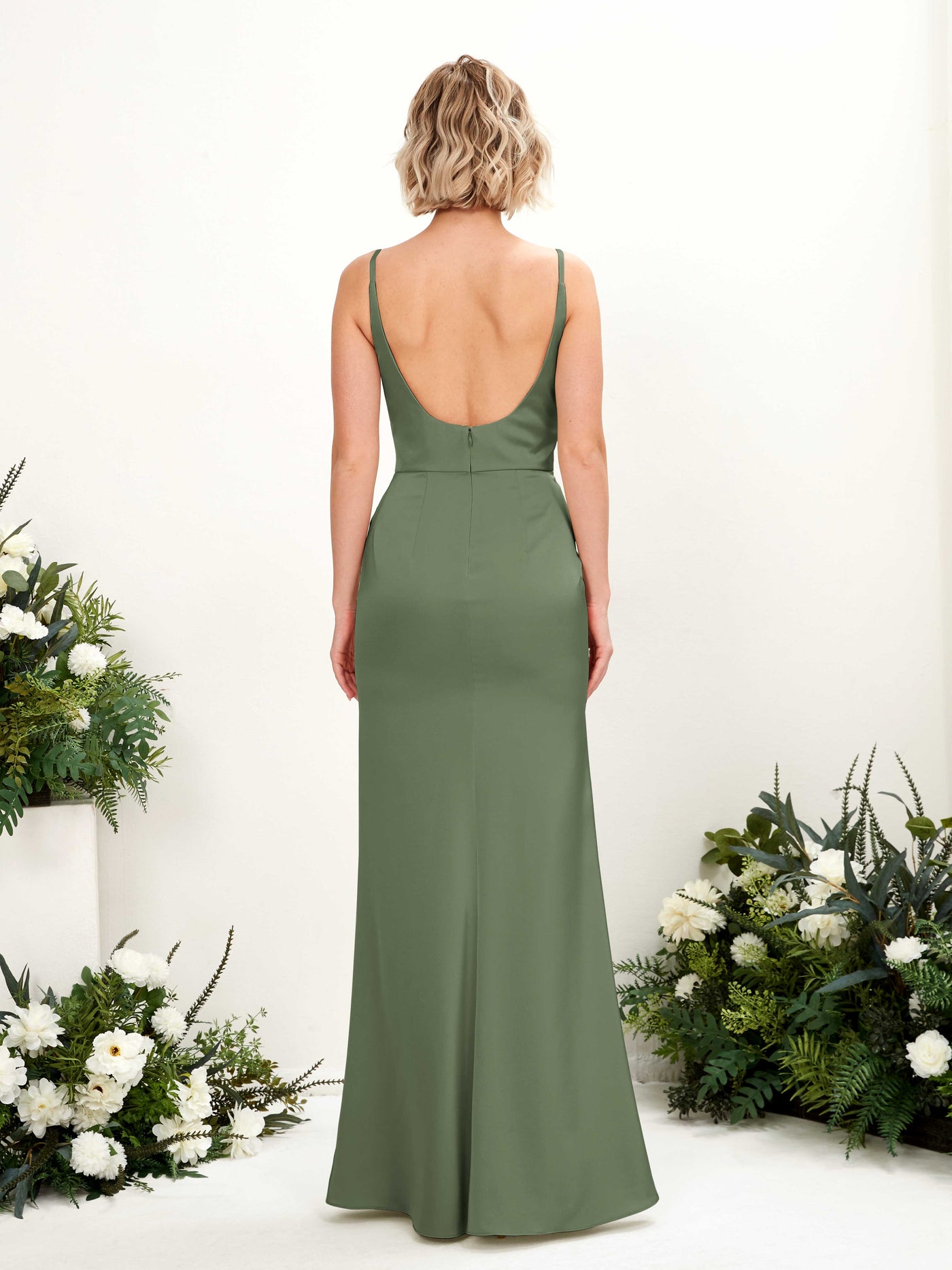 Spaghetti-straps V-neck Sleeveless Satin Bridesmaid Dress - Green Olive (80220770)#color_green-olive