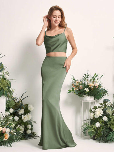 Carlyna Felicity Two-Piece Green Olive Satin Bridesmaid Dress Maxi Sleeveless Cowl Neck Dress Front View #color_green-olive