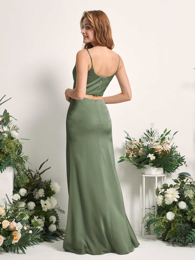 Carlyna Felicity Two-Piece Green Olive Satin Bridesmaid Dress Maxi Sleeveless Cowl Neck Dress Back View #color_green-olive