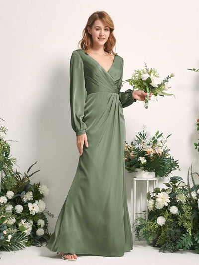 Carlyna Taylor Mermaid Green Olive Satin Bridesmaid Dress Maxi Long Sleeve V-Neck  #color_green-olive