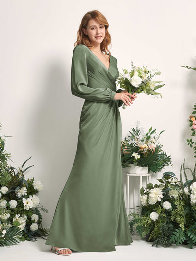 Carlyna Taylor Mermaid Green Olive Satin Bridesmaid Dress Maxi Long Sleeve V-Neck  #color_green-olive