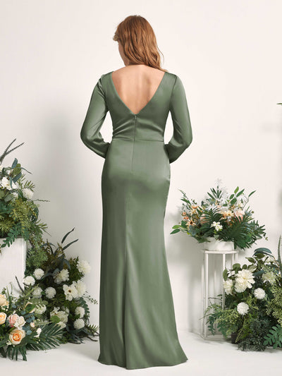 Carlyna Taylor Mermaid Green Olive Satin Bridesmaid Dress Maxi Long Sleeve V-Neck  #color_green-olive