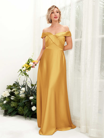 Carlyna Chloe A-Line Canary Satin Bridesmaid Dress Maxi Sleeveless Sweetheart Dress Front View #color_canary