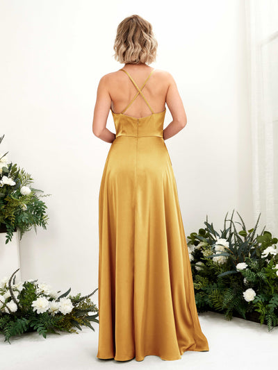 Carlyna Nydia A-Line Canary Satin Bridesmaid Dress Maxi Sleeveless Cowl Neck Dress #color_canary