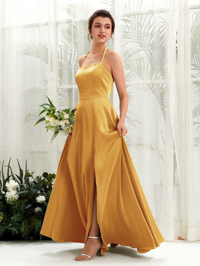 Carlyna Jocelyn A-Line Canary Satin Bridesmaid Dress Maxi Sleeveless Halter Dress #color_canary