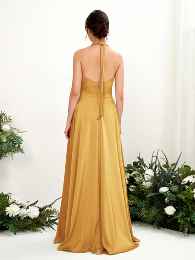 Carlyna Jocelyn A-Line Canary Satin Bridesmaid Dress Maxi Sleeveless Halter Dress #color_canary
