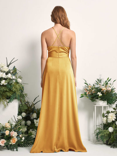 Carlyna Allison A-Line Canary Satin Bridesmaid Dress Maxi Sleeveless V-Neck Dress Back View #color_canary