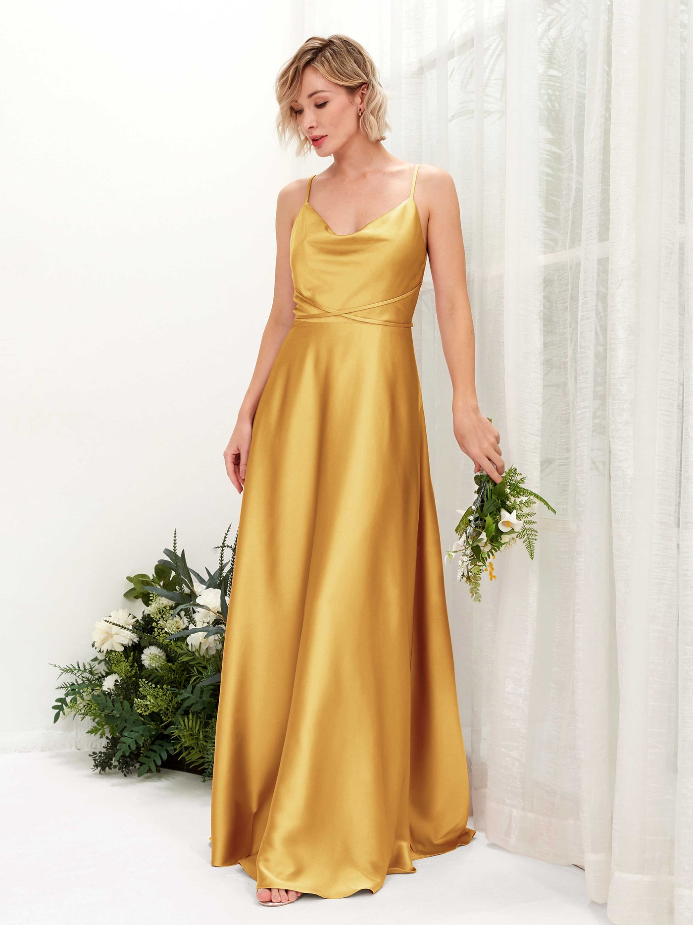 A-line Straps Sleeveless Satin Bridesmaid Dress - Canary (80223131)#color_canary