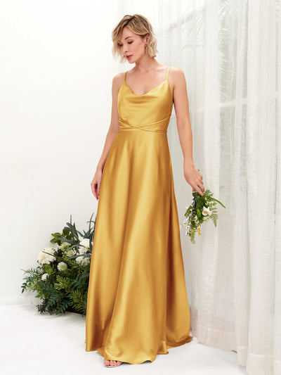 Carlyna Wallis A-Line Canary Satin Bridesmaid Dress Maxi Sleeveless Cowl Neck Dress #color_canary