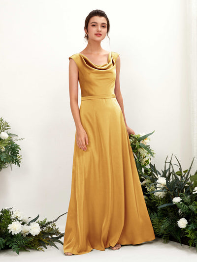 Carlyna Irma A-Line Canary Satin Bridesmaid Dress Maxi Sleeveless Cowl Neck Dress Front View #color_canary