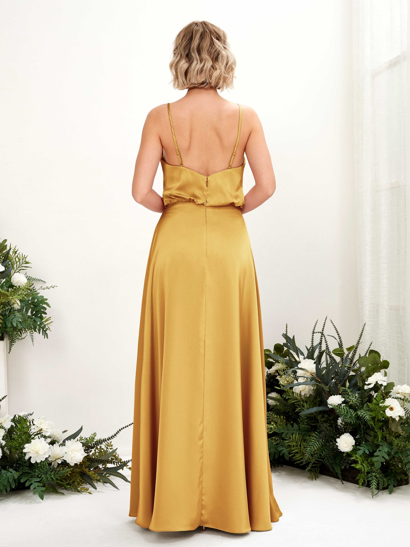 A-line Spaghetti-straps V-neck Satin Bridesmaid Dress - Canary (80224531)#color_canary