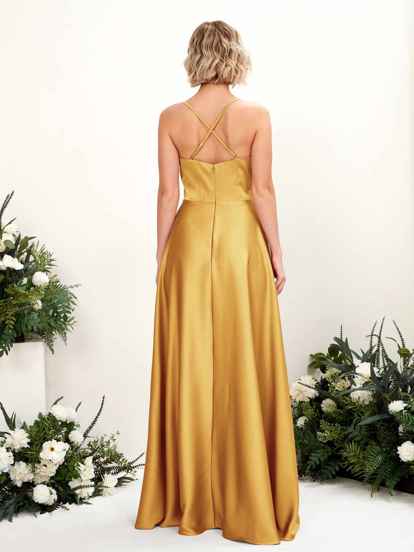 A-line Straps V-neck Satin Bridesmaid Dress - Canary (80224831)#color_canary