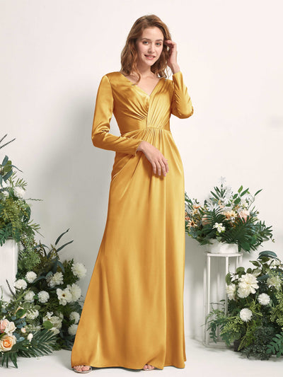 Carlyna Alicia Mermaid Canary Satin Bridesmaid Dress Maxi Long Sleeve V-Neck Side View 2 #color_canary