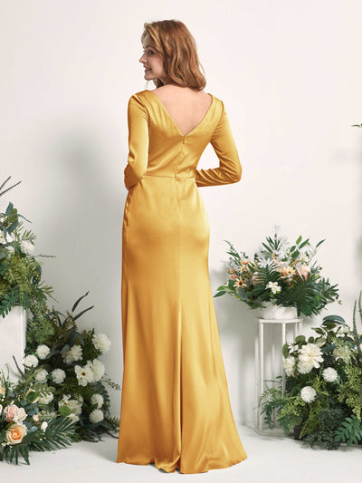 Carlyna Alicia Mermaid Canary Satin Bridesmaid Dress Maxi Long Sleeve V-Neck Back View #color_canary