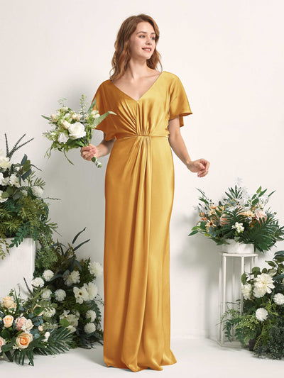 Carlyna Bailey A-Line Canary Satin Bridesmaid Dress Maxi Cap Sleeve V-Neck Dress Side View 2 #color_canary