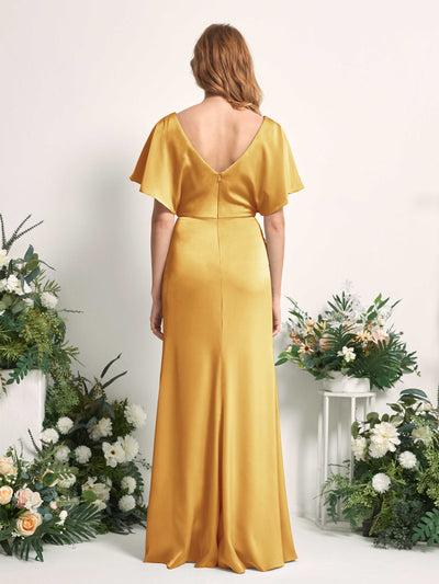 Carlyna Bailey A-Line Canary Satin Bridesmaid Dress Maxi Cap Sleeve V-Neck Dress Back View #color_canary