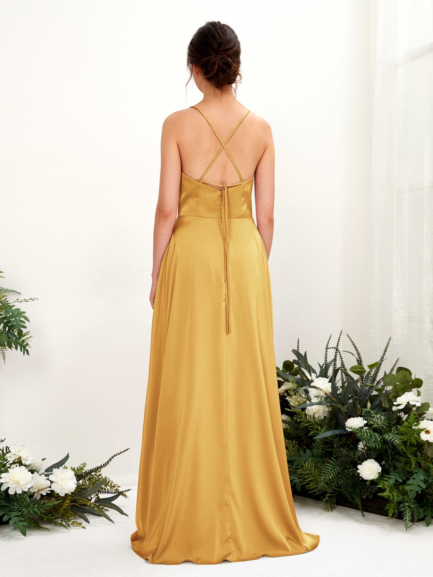 Ball Gown Straps Sleeveless Satin Bridesmaid Dress - Canary (80221131)#color_canary