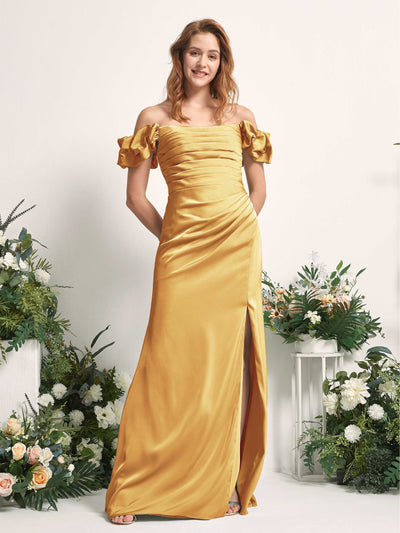 Carlyna Bianca Sheath Canary Satin Bridesmaid Dress Maxi Sleeveless Cowl Neck Dress Front View #color_canary