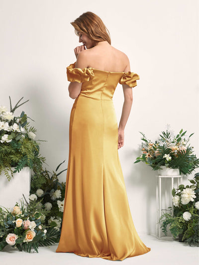 Carlyna Bianca Sheath Canary Satin Bridesmaid Dress Maxi Sleeveless Cowl Neck Dress Back View #color_canary