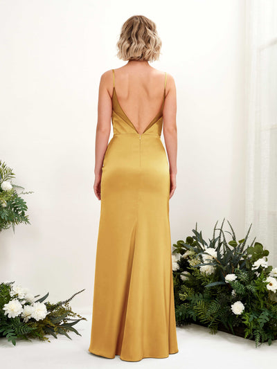 Carlyna Letitia Mermaid Canary Satin Bridesmaid Dress Maxi Sleeveless V-Neck Dress #color_canary