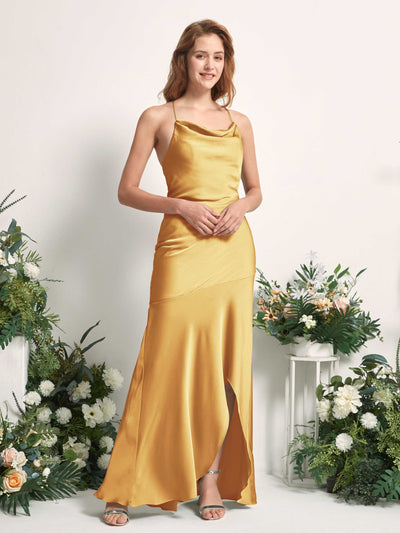 Carlyna Florence Mermaid Canary Satin Bridesmaid Dress Maxi Sleeveless Cowl Neck Dress Side View 2 #color_canary