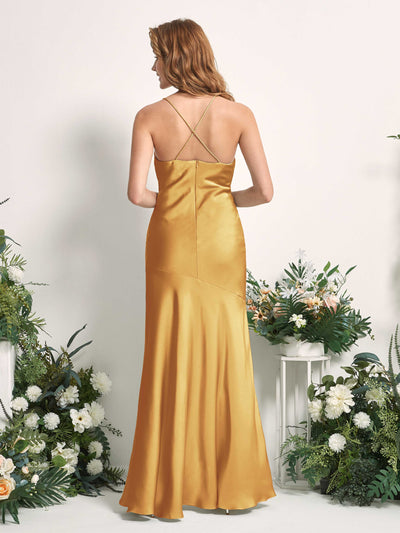 Carlyna Florence Mermaid Canary Satin Bridesmaid Dress Maxi Sleeveless Cowl Neck Dress Back View #color_canary