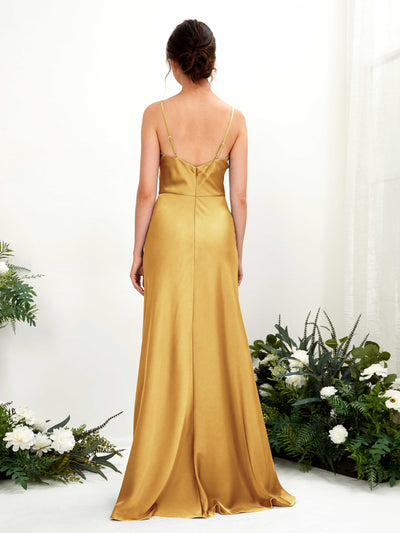 Carlyna Flora A-Line Canary Satin Bridesmaid Dress Maxi Sleeveless Cowl Neck Dress Back View #color_canary