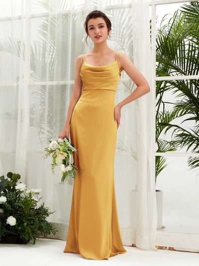 Carlyna Candice Sheath Canary Satin Bridesmaid Dress Maxi Sleeveless Cowl Neck Dress Front View #color_canary