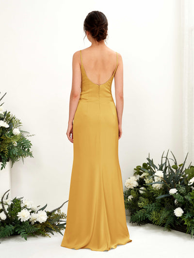 Carlyna Candice Sheath Canary Satin Bridesmaid Dress Maxi Sleeveless Cowl Neck Dress Back View #color_canary