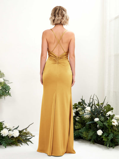 Carlyna Regina Mermaid Canary Satin Bridesmaid Dress Maxi Sleeveless Cowl Neck Dress #color_canary
