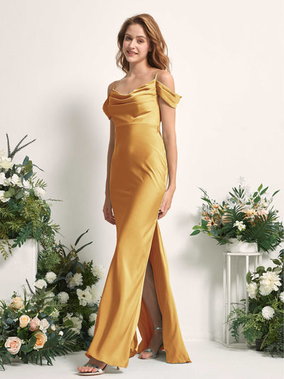 Carlyna Alexis Mermaid Canary Satin Bridesmaid Dress Maxi Sleeveless Cowl Neck Dress Side View 2 #color_canary