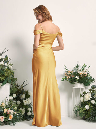 Carlyna Alexis Mermaid Canary Satin Bridesmaid Dress Maxi Sleeveless Cowl Neck Dress Back View #color_canary