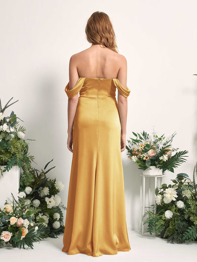 Carlyna Bridget Mermaid Canary Satin Bridesmaid Dress Maxi Sleeveless Sweetheart Dress Back View #color_canary