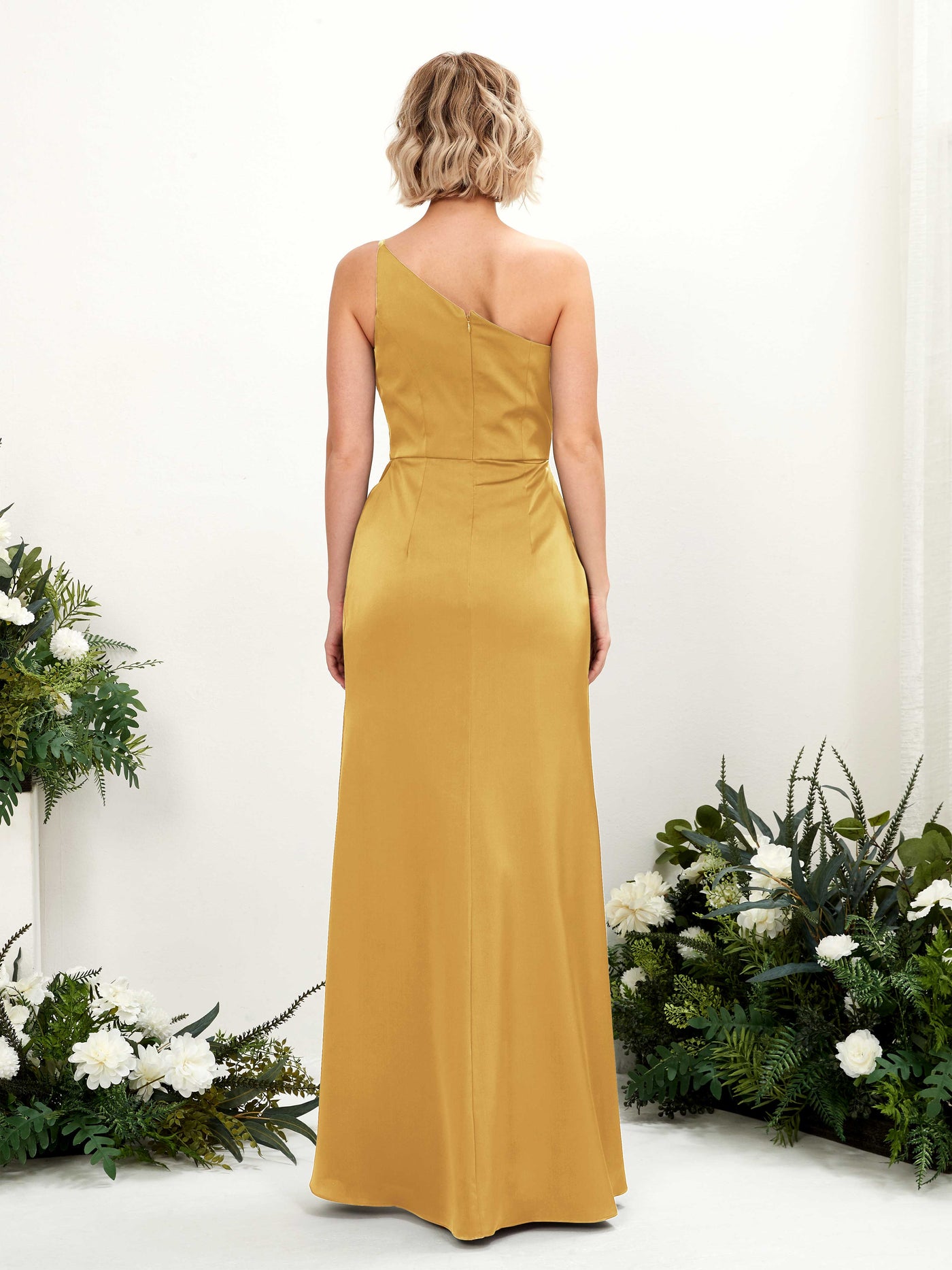 One Shoulder Sleeveless Satin Bridesmaid Dress - Canary (80220531)#color_canary