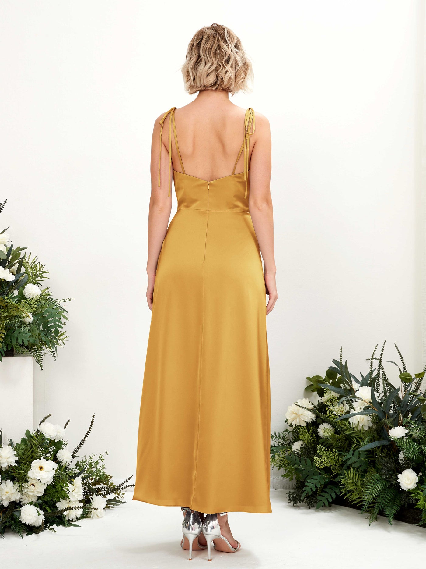 Spaghetti-straps Sleeveless Satin Bridesmaid Dress - Canary (80222131)#color_canary