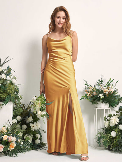 Carlyna Miranda Mermaid Canary Satin Bridesmaid Dress Maxi Sleeveless Cowl Neck Dress #color_canary