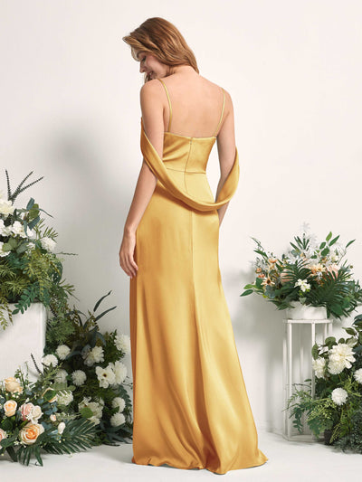 Carlyna Freya Mermaid Canary Satin Bridesmaid Dress Maxi Sleeveless V-Neck Dress Back View #color_canary