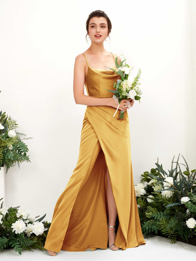 Carlyna Mavis Slim Canary Satin Bridesmaid Dress Maxi Sleeveless Cowl Neck Dress #color_canary