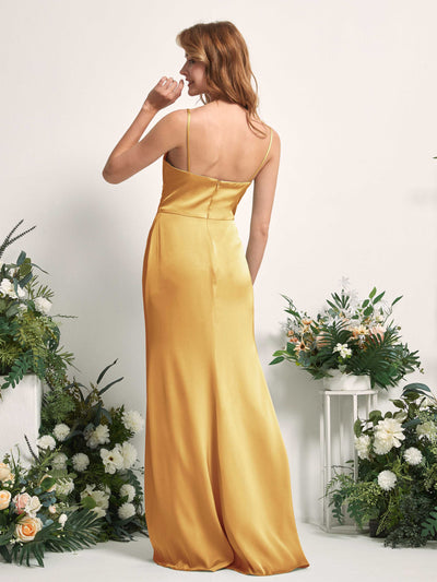 Carlyna Hayley Mermaid Canary Satin Bridesmaid Dress Maxi Sleeveless V-Neck Dress Back View #color_canary