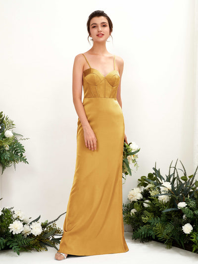 Carlyna Cathy Mermaid Canary Satin Bridesmaid Dress Maxi Sleeveless Sweetheart Dress Front View #color_canary