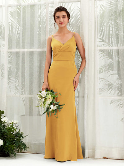 Carlyna Kama Mermaid Canary Satin Bridesmaid Dress Maxi Sleeveless V-Neck Dress #color_canary