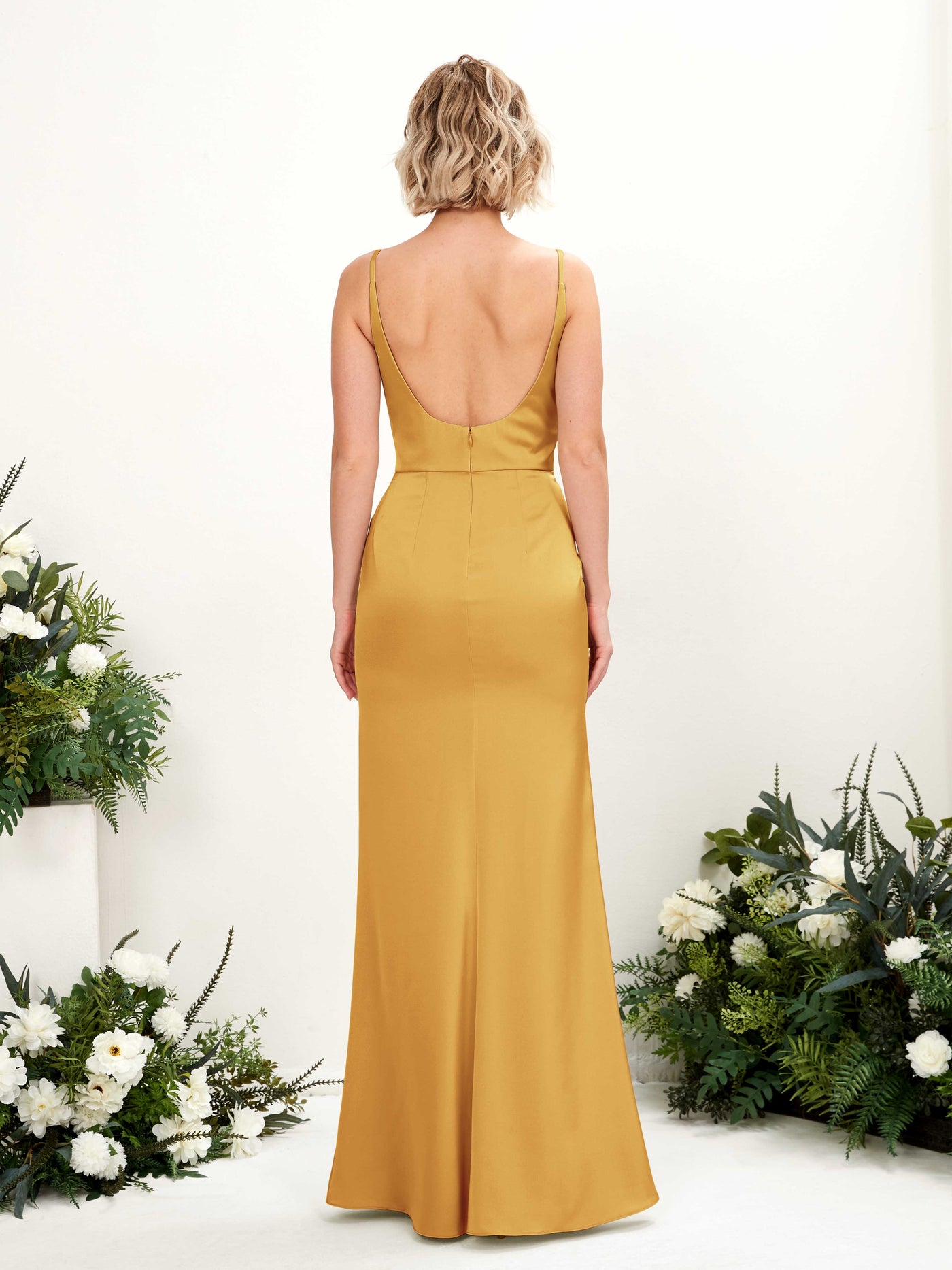 Spaghetti-straps V-neck Sleeveless Satin Bridesmaid Dress - Canary (80220731)#color_canary