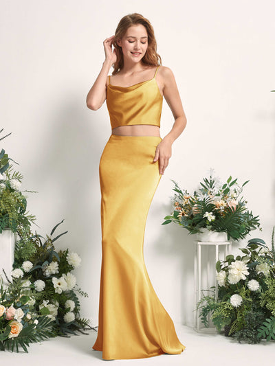 Carlyna Felicity Two-Piece Canary Satin Bridesmaid Dress Maxi Sleeveless Cowl Neck Dress Front View #color_canary