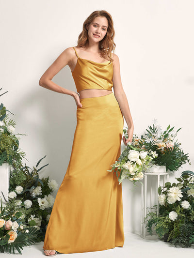 Carlyna Felicity Two-Piece Canary Satin Bridesmaid Dress Maxi Sleeveless Cowl Neck Dress Side View 2 #color_canary