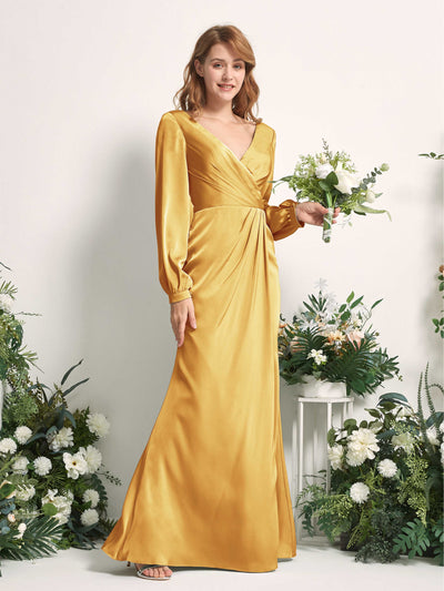 Carlyna Taylor Mermaid Canary Satin Bridesmaid Dress Maxi Long Sleeve V-Neck  #color_canary