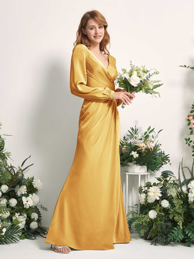 Carlyna Taylor Mermaid Canary Satin Bridesmaid Dress Maxi Long Sleeve V-Neck  #color_canary