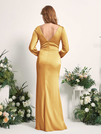 Carlyna Taylor Mermaid Canary Satin Bridesmaid Dress Maxi Long Sleeve V-Neck  #color_canary