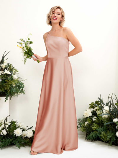 Carlyna Dinah A-Line Cantaloupe Satin Bridesmaid Dress Maxi Sleeveless One Shoulder Dress Front View #color_cantaloupe