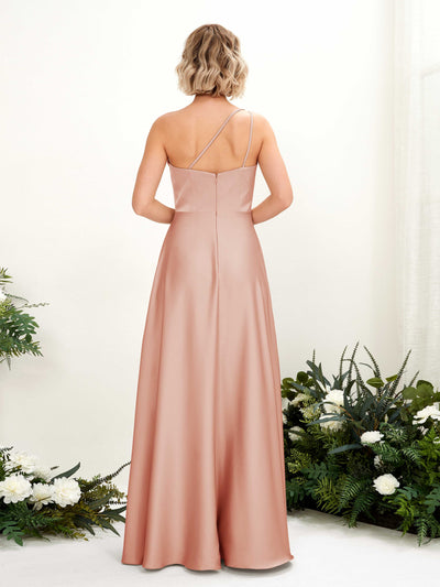 Carlyna Dinah A-Line Cantaloupe Satin Bridesmaid Dress Maxi Sleeveless One Shoulder Dress Back View #color_cantaloupe
