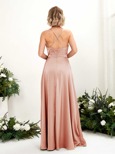 Carlyna Nydia A-Line Cantaloupe Satin Bridesmaid Dress Maxi Sleeveless Cowl Neck Dress #color_cantaloupe